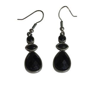 Black and Silver Tone Dangling Hanging Earrings With Faceted Stones  2 inch Drop